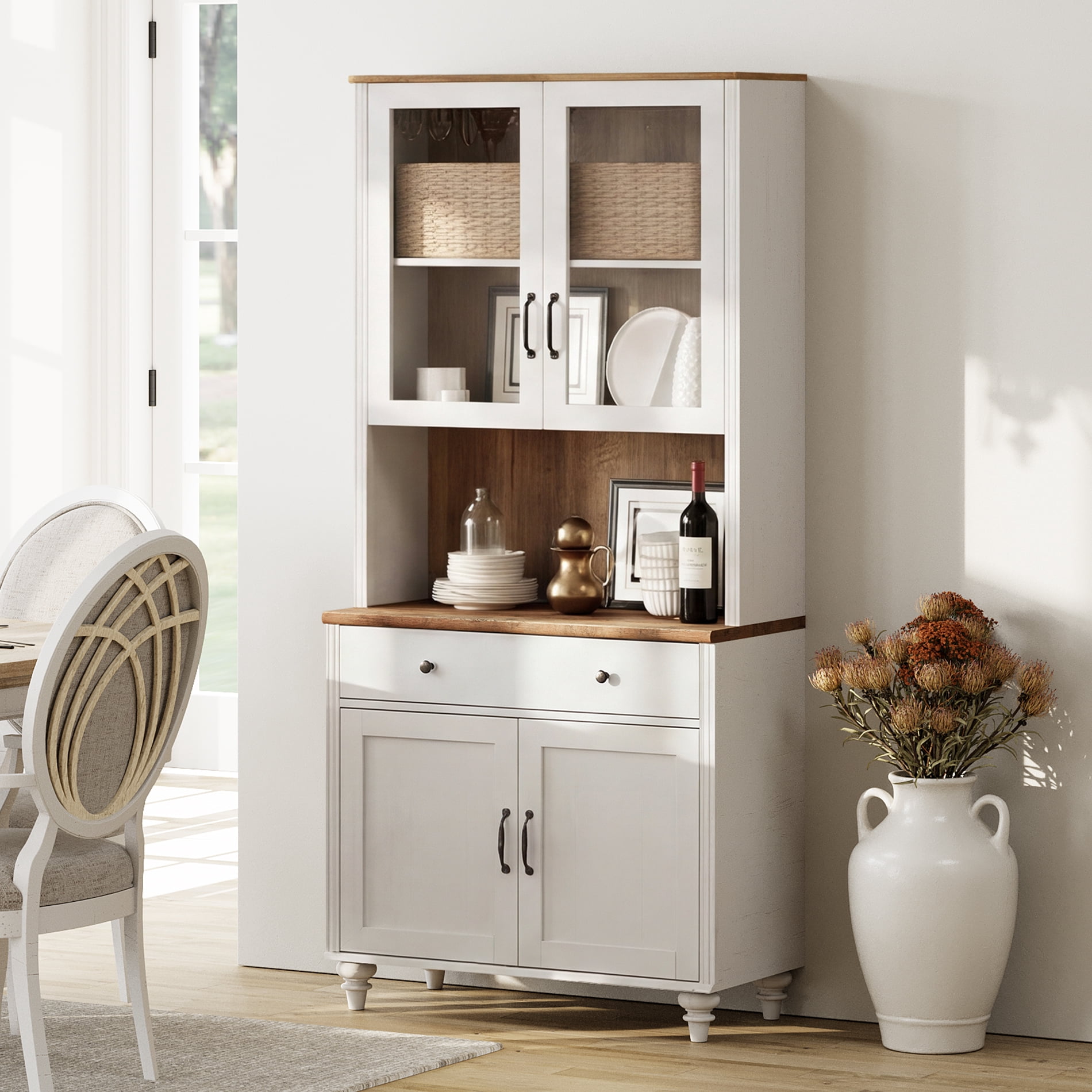 White Large Bookcase, Bookshelf with Storage Cabinet, Farmhouse Library Wooden Bookshelves for Living Room, Office, Study Room, Kitchen