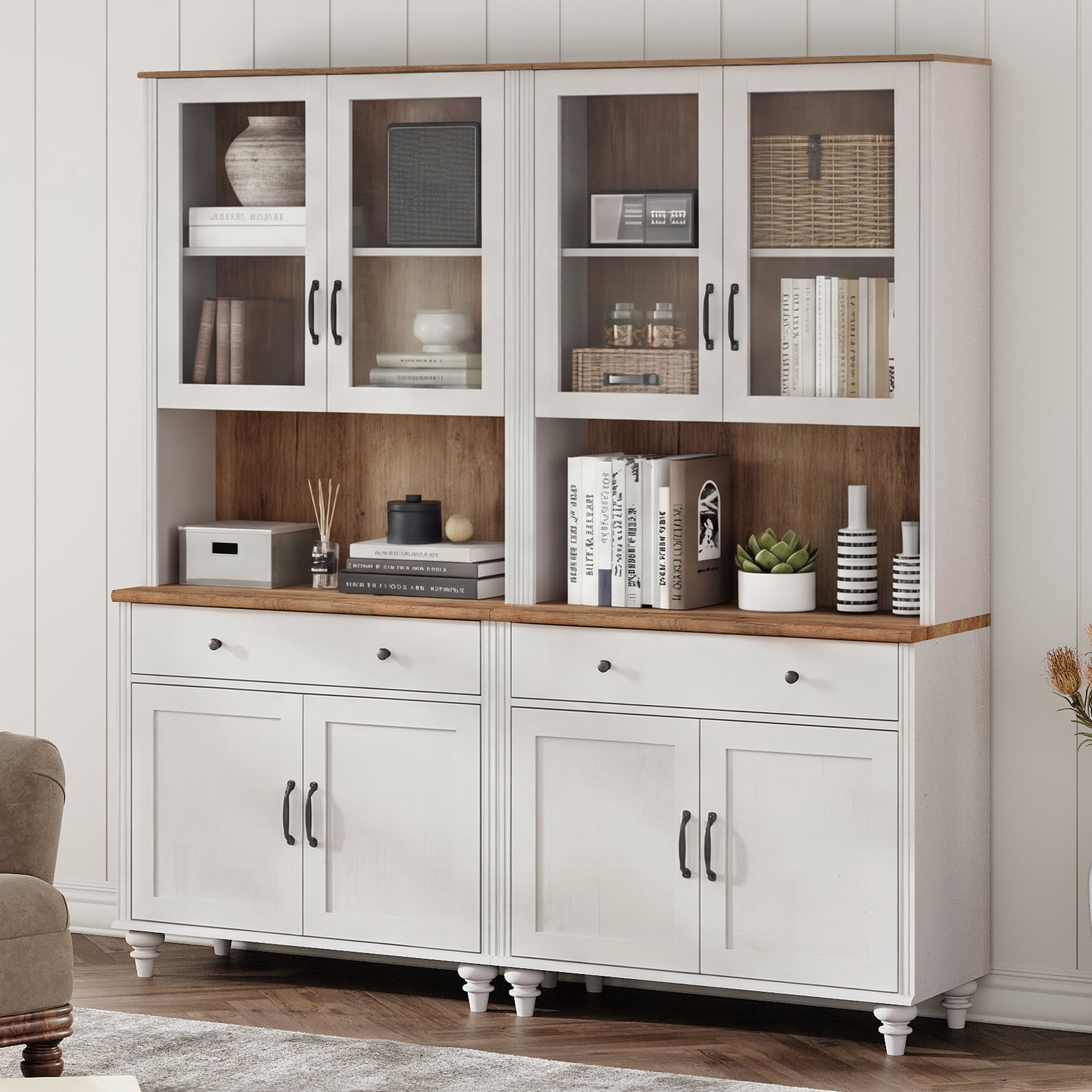 White Large Bookcase, Farmhouse Bookshelf with Ample Storage Cabinet, Library Wooden Bookshelves for Living Room, Office, Study Room, Kitchen