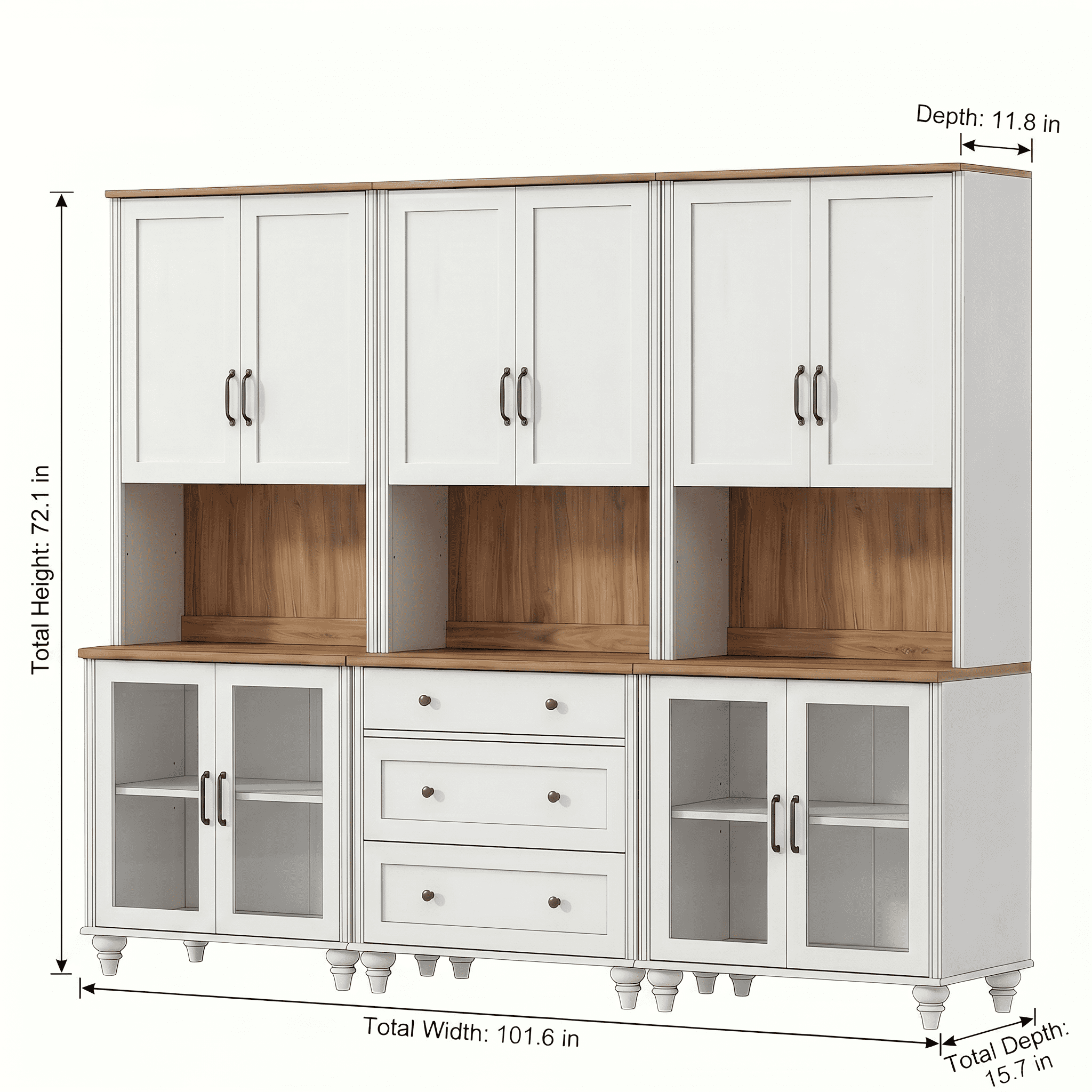 White Large Bookcase with Glass Doors, Bookshelf with Ample Storage Cabinets, Farmhouse Library Wooden Bookshelves for Living Room, Office, Study Room