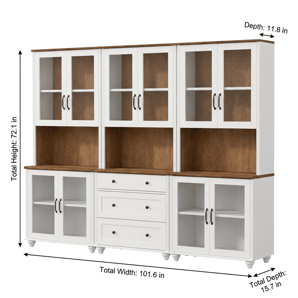 White Large Bookcase with Glass Doors, Bookshelf with Ample Storage Cabinets, Farmhouse Library Wooden Bookshelves for Living Room, Office, Study Room
