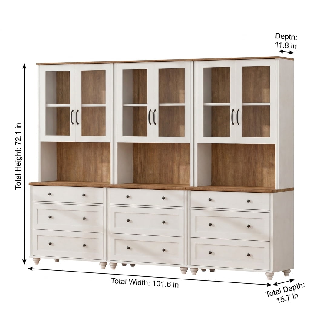 White Large Bookcase with Glass Doors, Bookshelf with 9 Drawers, Farmhouse Library Wooden Bookshelves for Living Room, Office, Kitchen, Study Room