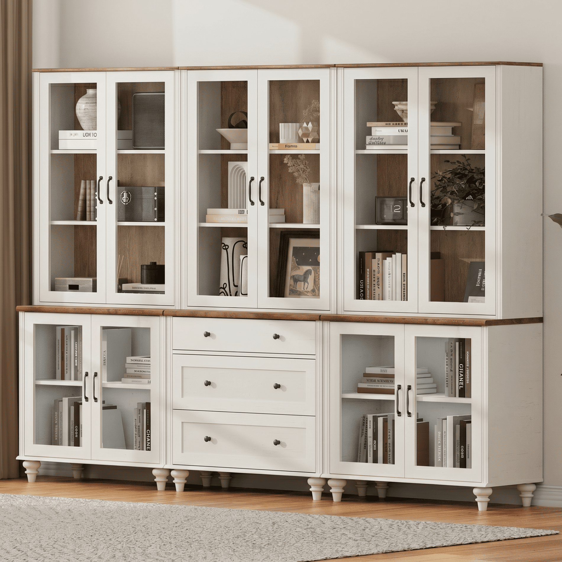 White Large Bookcase with Glass Doors, Bookshelf with Ample Storage Cabinets, Farmhouse Library Wooden Bookshelves for Living Room, Office, Kitchen