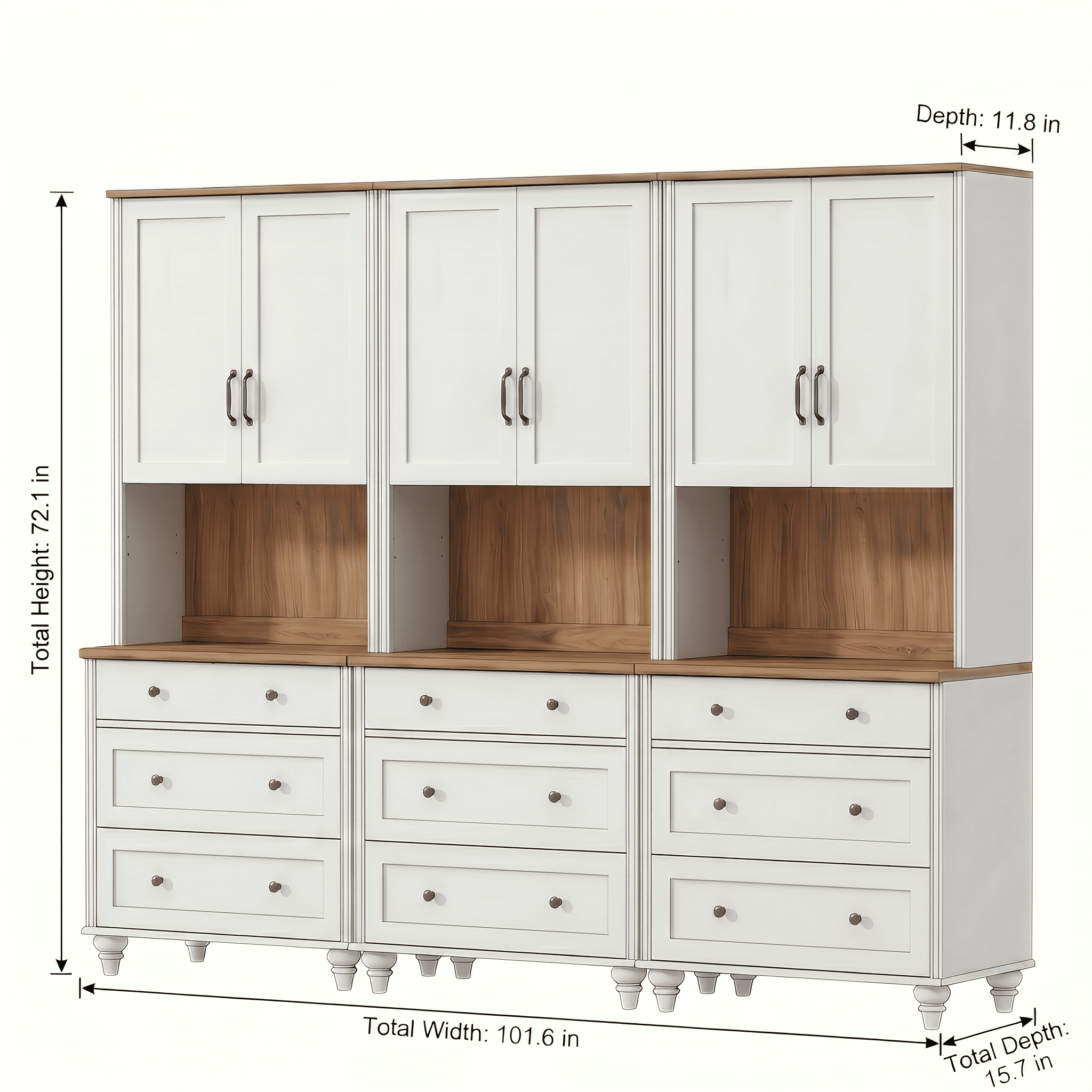 White Large Bookcase with Wood Doors, Bookshelf with 9 Drawers, Farmhouse Library Wooden Bookshelves for Living Room, Office, Kitchen, Study Room