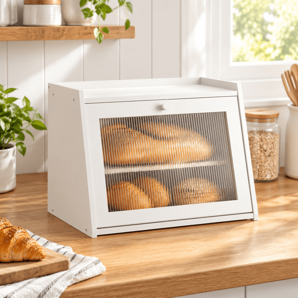 White Large Bread Box with Door for Kitchen Countertop Storage ...