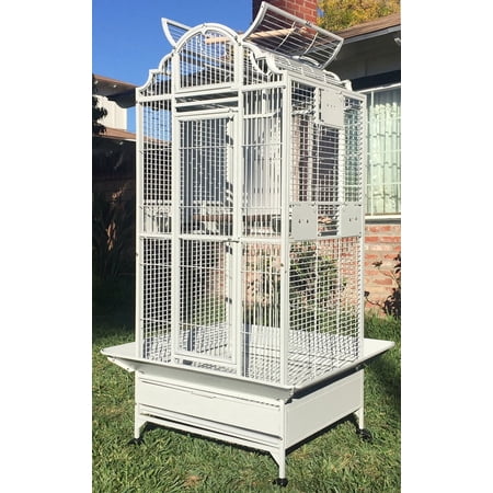 White Large Deluxe and Durable Wrought Iron Open Dome Perch Play Top Stand Bird Parrot Rolling Cage, Include Metal Seed Guard Solid Metal Feeder Breeding Doors