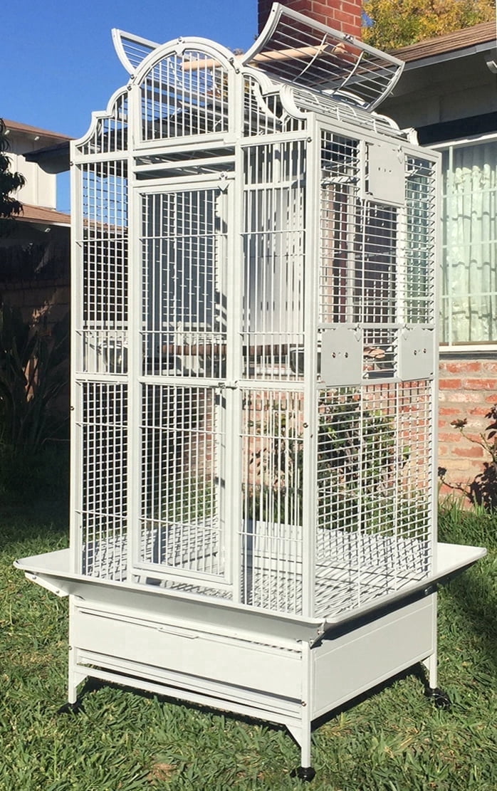 White Large Deluxe and Durable Wrought Iron Open Dome Perch Play Top Stand Bird Parrot Rolling Cage, Include Metal Seed Guard Solid Metal Feeder Breeding Doors