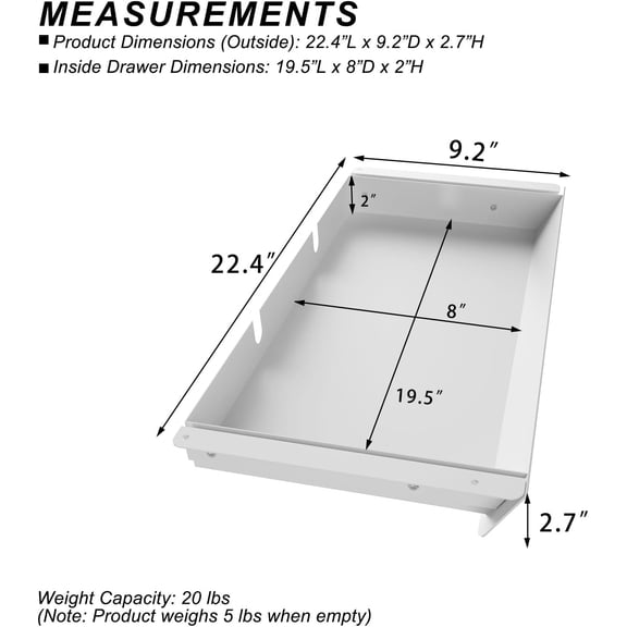 White Large Under Desk Mounted Sliding Drawer with 2 Cable Hole and 60 Degree Tilt Panel to Pull Out, 22.4'' Long & 9.2'' deep Large Storage Organizer for Sit Stand Workstation