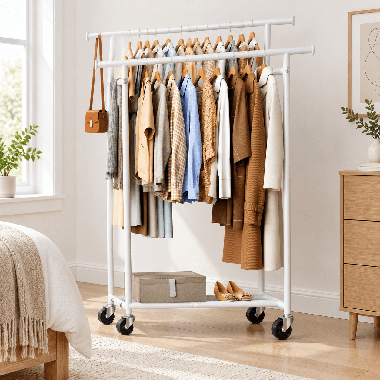 White Large Double Rod Rolling Clothes Rack for Hanging Garments with ...
