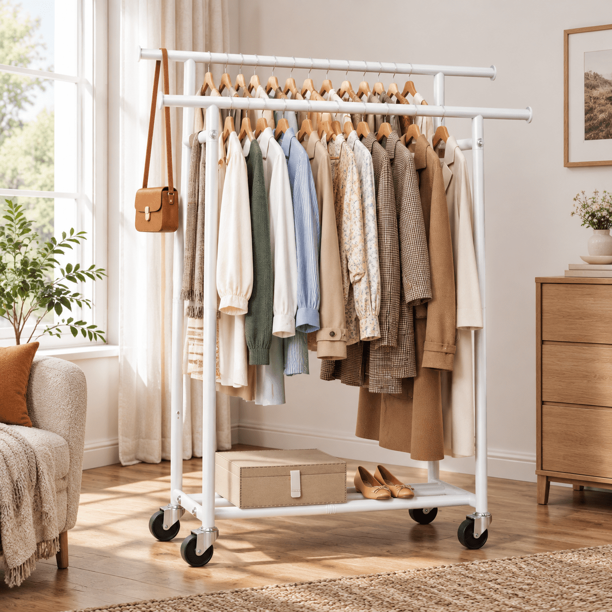 White Large Double Rod Rolling Clothing Rack for Hanging Garments with ...