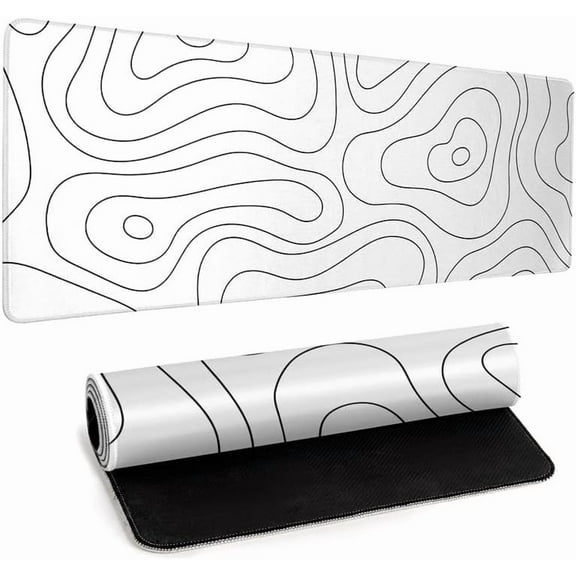 White Large Gaming Mouse Pad Desk Pad Topographic Map Big Keyboard Mat 31.5x11.8inch Computer Mousepad with Stitched Edge Non-Slip Rubber Base