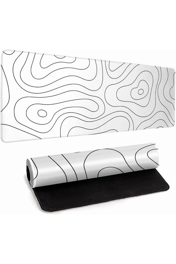 White Large Gaming Mouse Pad Desk Pad Topographic Map Big Keyboard Mat 31.5x11.8inch Computer Mousepad with Stitched Edge Non-Slip Rubber Base