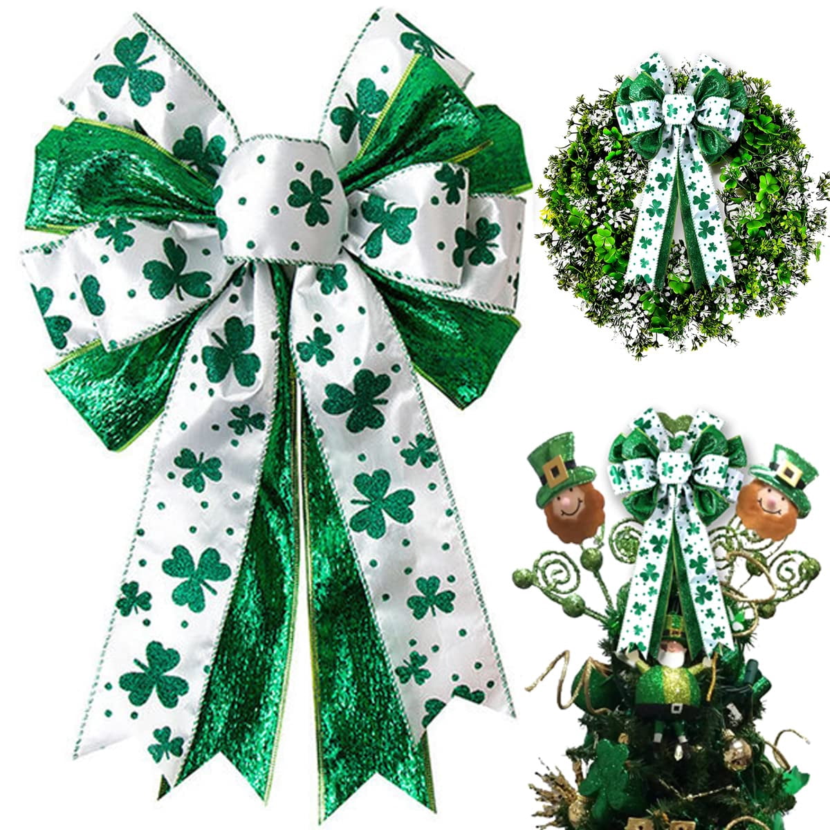 White Large Glitter Polyester St. Patrick's Day Bow for Wreath and Holiday Decor