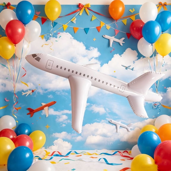 White Large Inflatable Airplane Float,Blow Up Airplane Balloon for Outdoor, Birthday Party Favors, Swimming,Float Airplane Aviation Themed Decorations