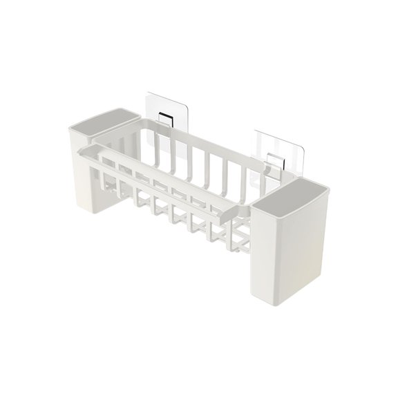 White Sponge Kitchen Sink Caddy Organizer With Auto Draining Tray Brush Soap Holder Countertop Storage Dish Rack 12.4Lx4.53Wx4.13H White