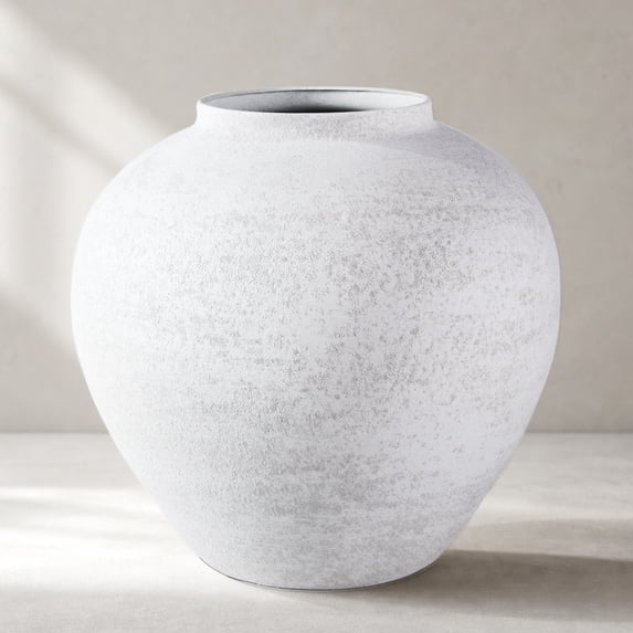 White Large Round Vase for Flowers, 11 Inch Metal Rustic Textured Earthy Stone Look | Matte Iron Big Vase for Modern Farmhouse Table Centerpiece & Living Room Decor