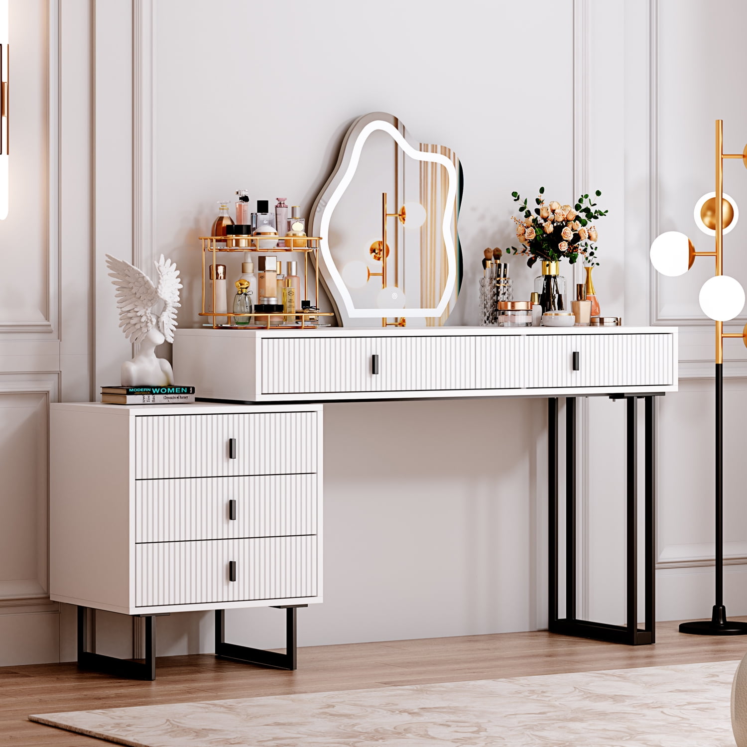 White,Large Vanity Desk with 3 Color Touch Screen Dimming Mirror ...