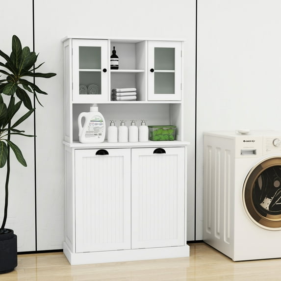 White Laundry Cabinet With Adjustable Shelves And Long-lasting Quality Basket Removable Bags