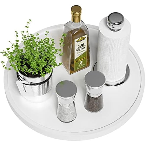 White Lazy Susan, 13.2 Inch Non-Skid Bamboo Turntable for Kitchen Table Cabinets and Closets, Wood Organizer for Kitchen Countertop