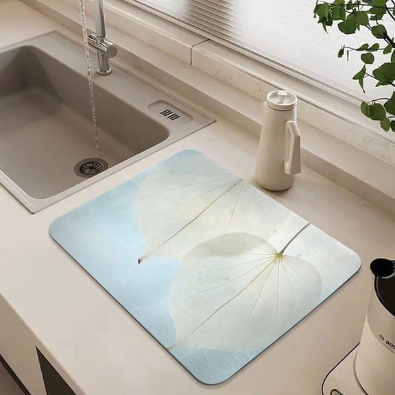 White Leaf Dish Drying Mat for Kitchen Counter Absorbent Drainer Mats (15.7X11.8inch)