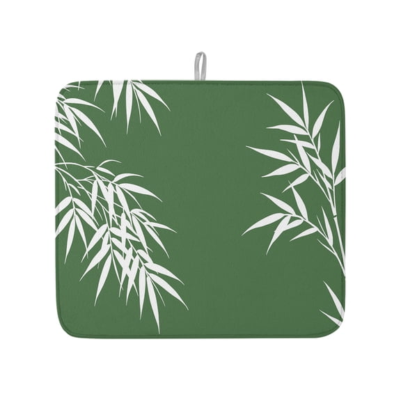 White Leaf on Green Dish Drying Mats for Kitchen Counter,Absorbent Microfiber Dish Drainer Rack Mat Japanese Style Botanical Theme Drying Pad for Sinks,Utensils,Countertops,16x18in
