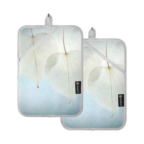 White Leaf Oven Mitts Pot Holders 2 pcs Heat Resistant for Kitchen Baking Grilling