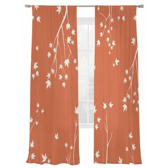 White Leaf Sheer Curtains 2 Panels Set Fall Maple Leaf Branch Brown Background Sheer Window Curtains Light Filtering Rod Pocket Voile Drapes for Bedroom Living Room 52"X108"