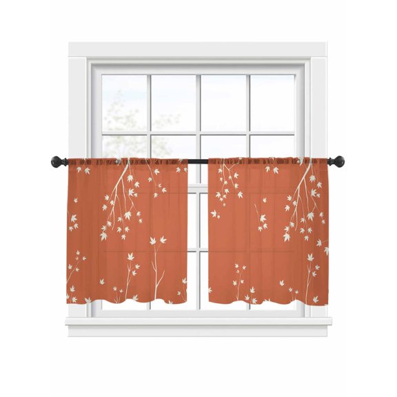 White Leaf Sheer Curtains 2 Panels Set Fall Maple Leaf Branch Brown Background Sheer Window Curtains Light Filtering Rod Pocket Voile Drapes for Bedroom Living Room 52"x54"