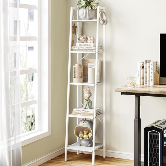 White Leaning Ladder Bookshelf With 2 Hooks For Home Office Living Room Kitchen Bedroom Modern Minimalist Style