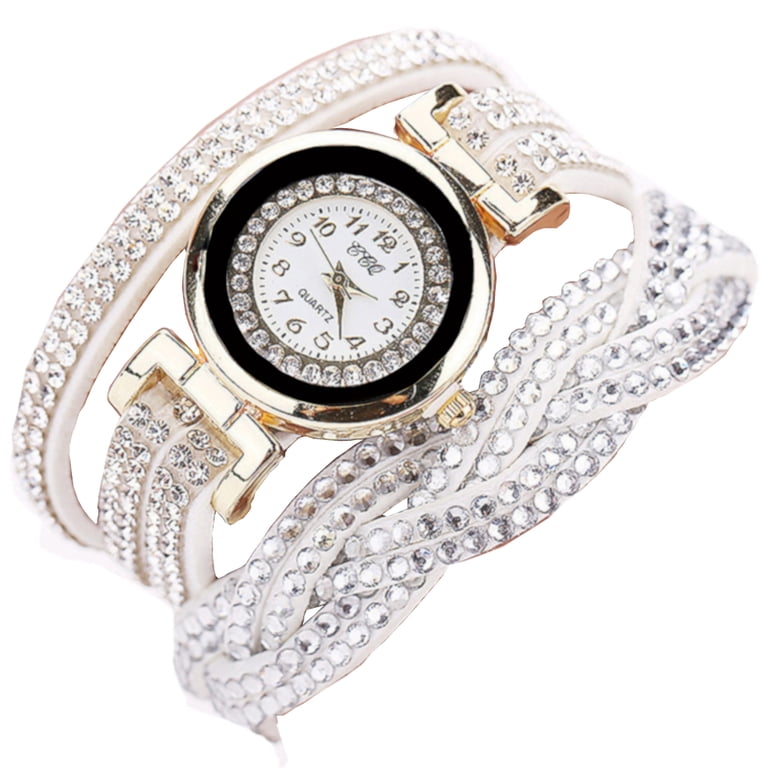 White Leather Crystal Stones Wrap around The Wrist Watch-86  display picture 2