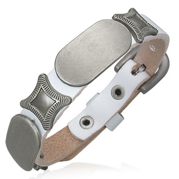 White Leather Diagonal Square Star Cross Oval Belt Buckle Womens Bracelet