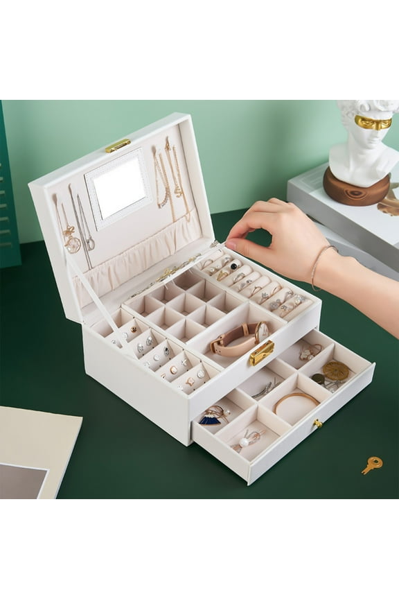 White Leather Jewelry Box with Lock & Mirror | 2-Tier Display Organizer for Earrings Bracelets Rings Watches | Stackable Storage Case with Customizable Compartments