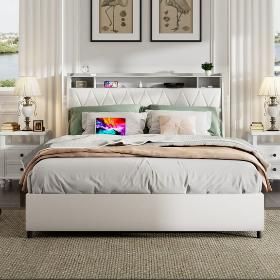 White Leather & Metal Wood Queen Size Platform Bed Frame with Ergonomic Headboard, Outlets, Charger and Storage Shelf, Noise-Free