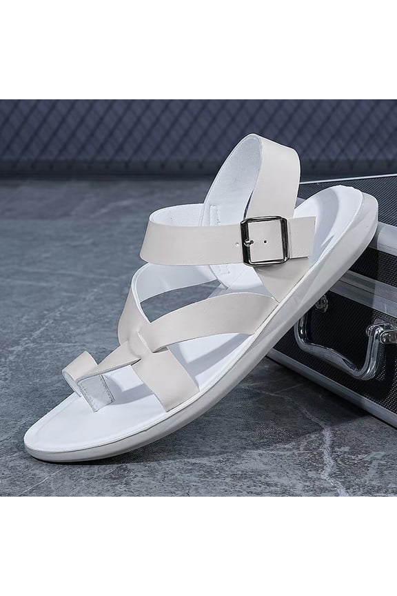 White Leather Toe Ring Back Strap Sandals with Adjustable Buckle for Men