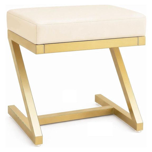 White Leather Vanity Stool for Makeup Desk Small Backless Ottoman Seat Accent Footrest with Metal Z Frame 17 Inch Compact Taburete para Vanity Bathroom Bedroom Living Room Home Decor