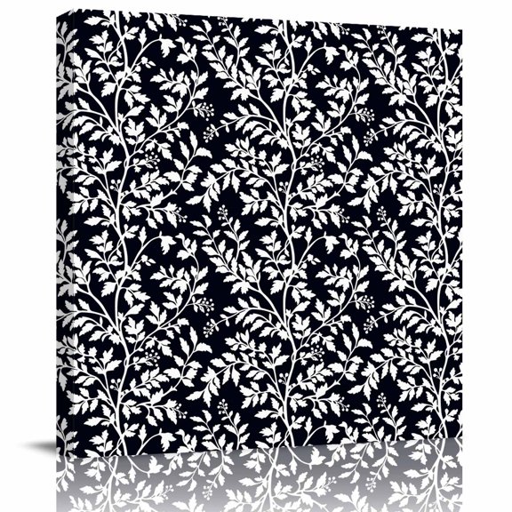 White Leaves Floral Seamless Canvas Artwork Painting Art, Overlay Botanical on Black Square Framed Wall Decorations Prints Picture for Bedroom Kitchen Living Room, 12x12 in
