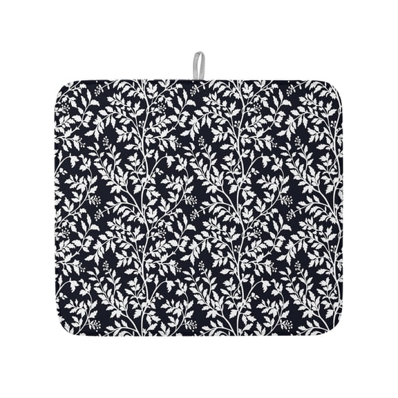 White Leaves Floral Seamless Dish Drying Mats for Kitchen Counter,Absorbent Microfiber Dish Drainer Rack Mat Overlay Botanical on Black Drying Pad for Sinks,Utensils,Countertops,16x18in