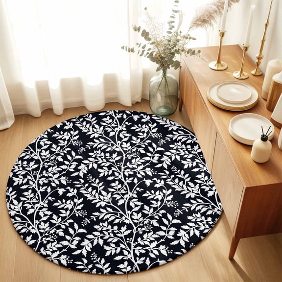 White Leaves Floral Seamless Round Area Rug 3ft,Living Room Rug Non-Slip Washable Circle Rugs Pad,Overlay Botanical on Black Soft Floor Carpet for Bedroom Dining Room