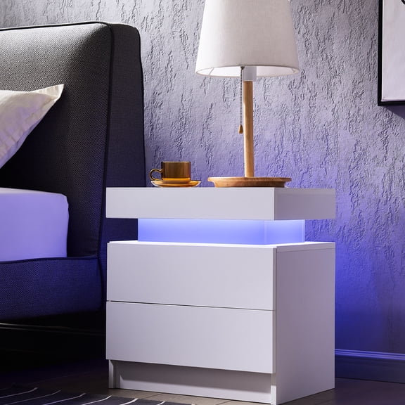 White Led End Table For Bedroom - 2 Drawers & Modern Design Bedside With Adjustable Lights Living Room