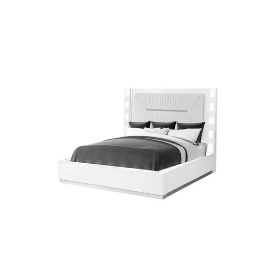 White Led Queen Bed With Design And Solid Foundation Built-in Velvet Upholstered