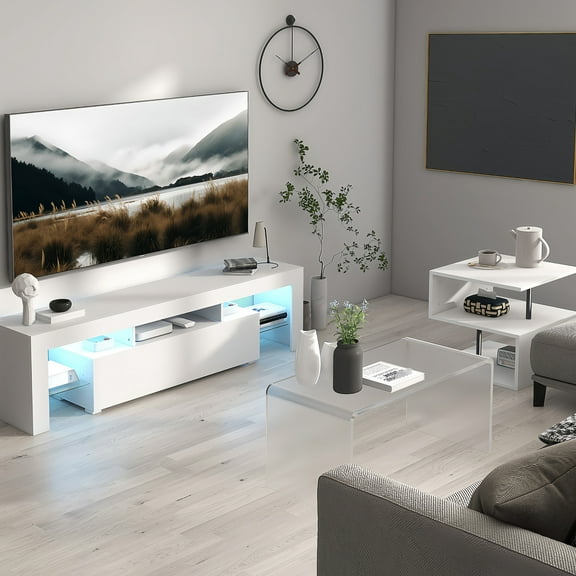 White Led Tv Stand For 55-inch Tvs, Modern With Large Storage, Down Flip Door, High Glossy Front, Glass Shelf Living Room And Bedroom Entertainment Center 55" Shelf,