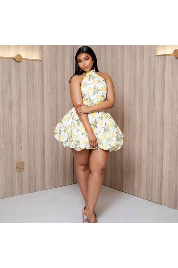 White Lemon Print High-Neck A-Line Mini Dress With Pleated Skirt For Women