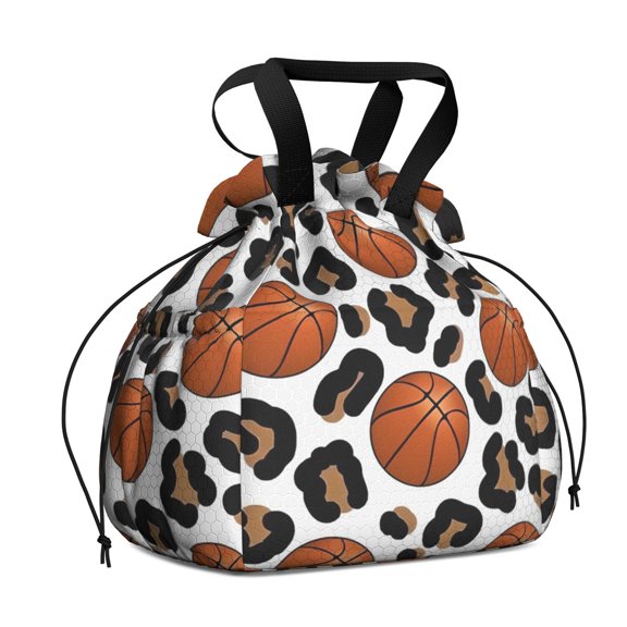 White Leopard Basketballs Pattern Drawstring Lunch Bag Women - Drawstring Lunch Bag Insulated for Work Office - Stain-Resistant Large Lunchbags for Women with Multi-Pockets