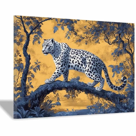 White Leopard Blue Forest Canvas Wall Art, Vintage Animal Prints Canvas Poster for Living Room Bedroom Dining Room Decor, Framed Ready to Hang Ready to hang-18"L x 12"W