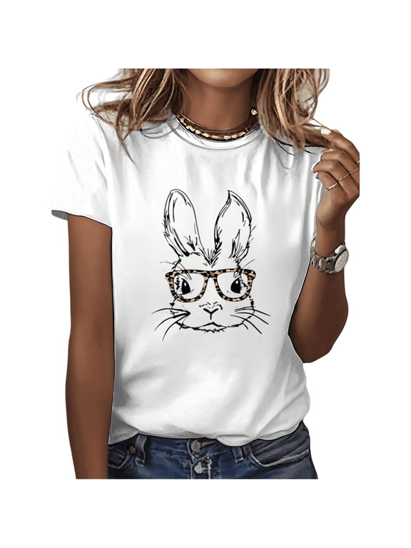 White Leopard Glasses Bunny Rabbit Graphic Tees Print Tshirt Shirts Cute Animal Lover Easter Tops S-5XL