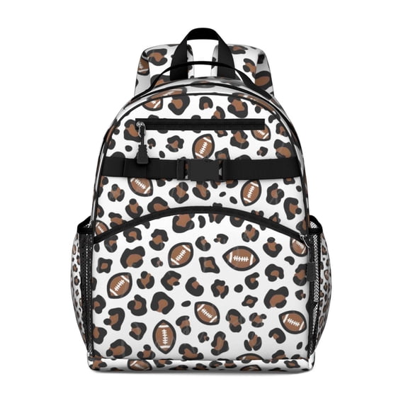 White Leopard Print with Footballs Pattern Backpack for School,Cute School Bag,Schoolbag with Adjustable Shoulder Straps & Padded Back,15.25"x11.5"x5.25"