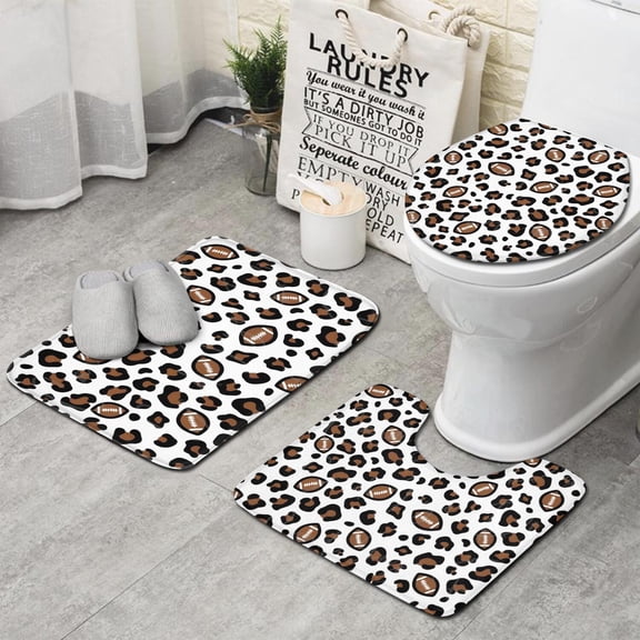 White Leopard Print with Footballs Pattern Bathroom Rugs Sets 3 Piece,Toilet Cover Set,Absorbent Non Slip Bathroom Mats Sets with U-Shaped Contour Rug Toilet Rug Set