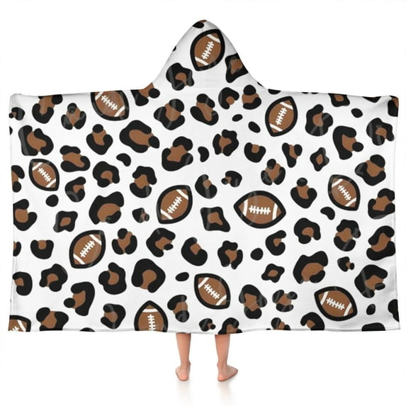 White Leopard Print with Footballs Pattern Hooded Bath Towel,50"x30" for Ages 3 To 12 Kids, Quick Dry Lightweight Soft Microfiber Hood Beach Towel Cover Up for Kids