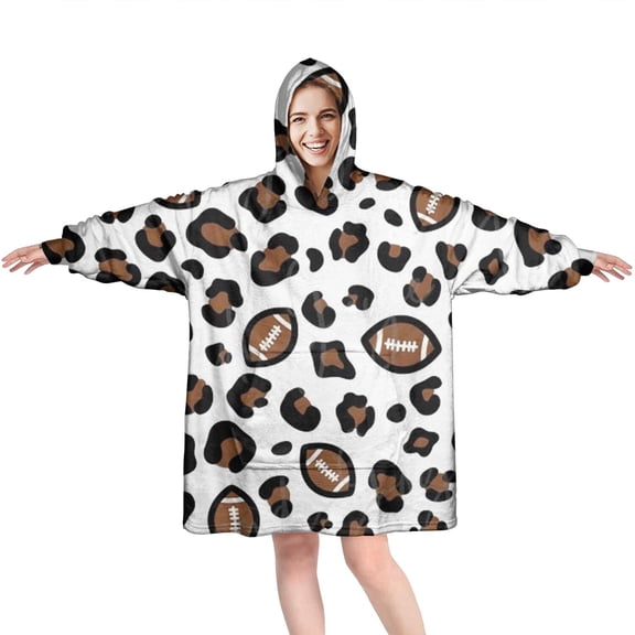 White Leopard Print with Footballs Pattern Wearable Oversized Blanket,Wearable Blanket Hoodie for Adults,Cozy Hooded Blankets with Super Pockets,Super Warm Fuzzy Pullover for Women & Men