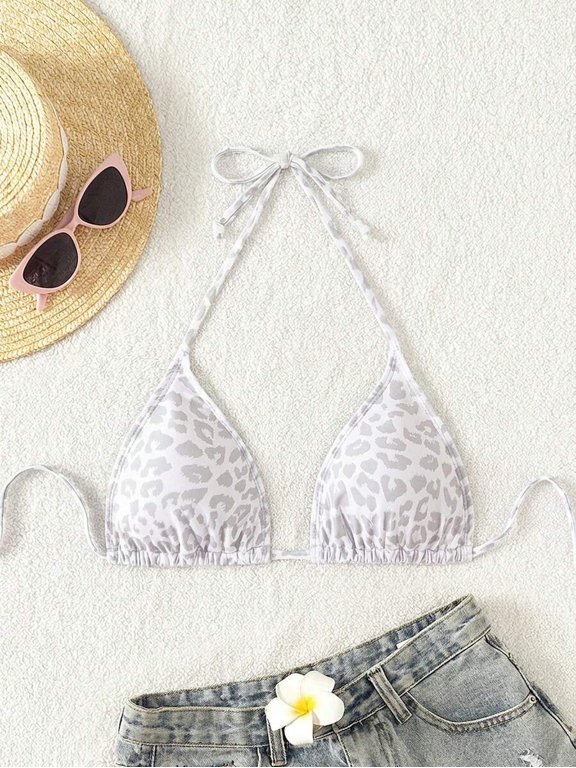 White Leopard Print Halter Tie-Front Triangle Bikini Top For Beach Vacation Summer