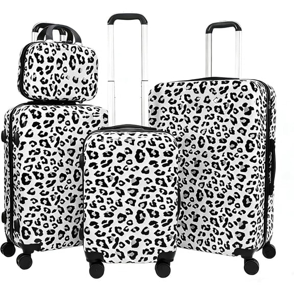 White Leopard Print Luggage Set 4 count, Lightweight Scratch-Resistant Hardshell Suitcases with Spinner Wheels, 14" Underseat Bag & 28" Large Check-in, Print Rolling Luggage for Women Men